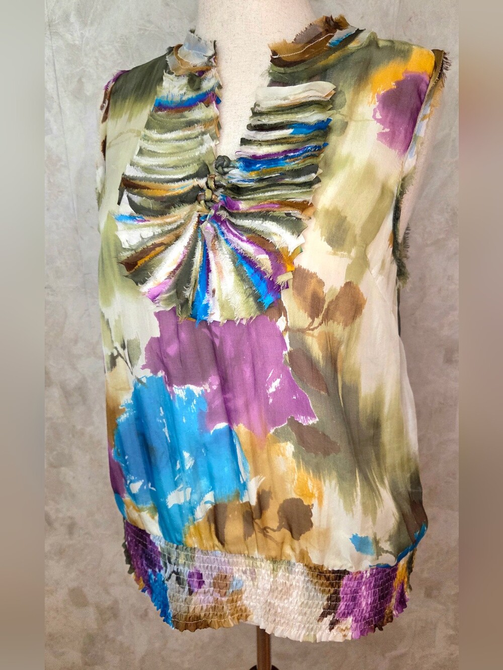 Blue Velvet Abstract Silk Blend Art-To-Wear Sleeveless Top | Textured Large